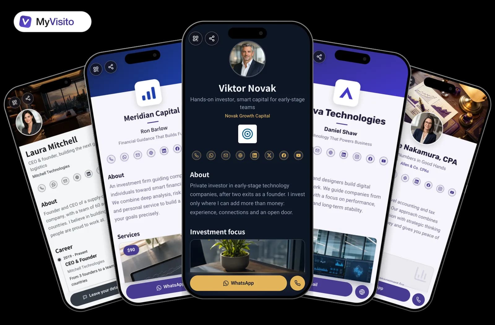 Digital business card examples for Investors: MyVisito templates on phone screens
