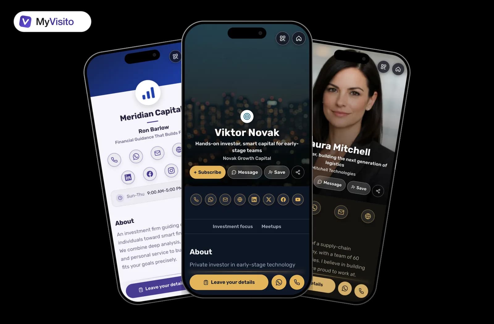 Digital business card examples for Investors: MyVisito templates on phone screens