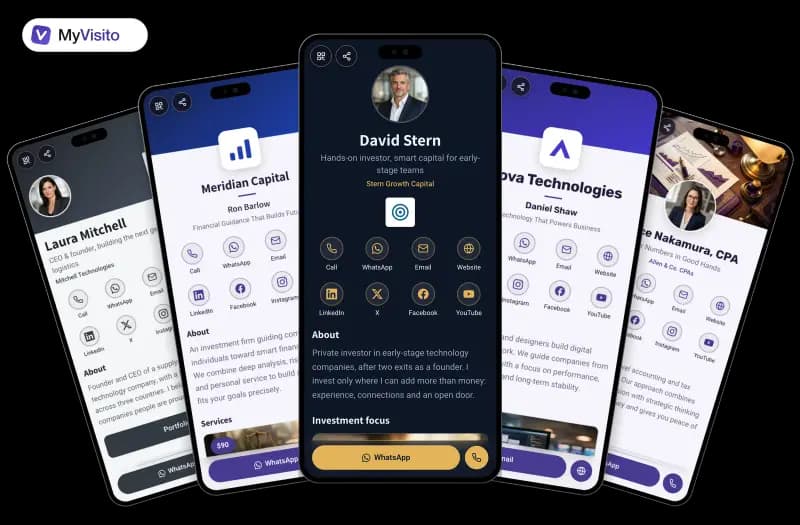 Digital business card examples for Investors: MyVisito templates on phone screens
