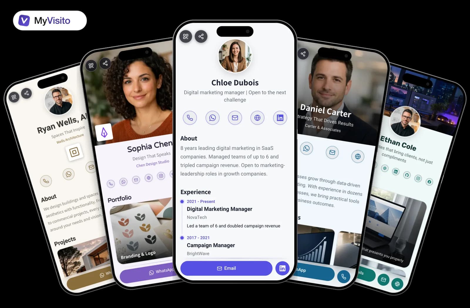 Digital business card examples for Job seekers: MyVisito templates on phone screens