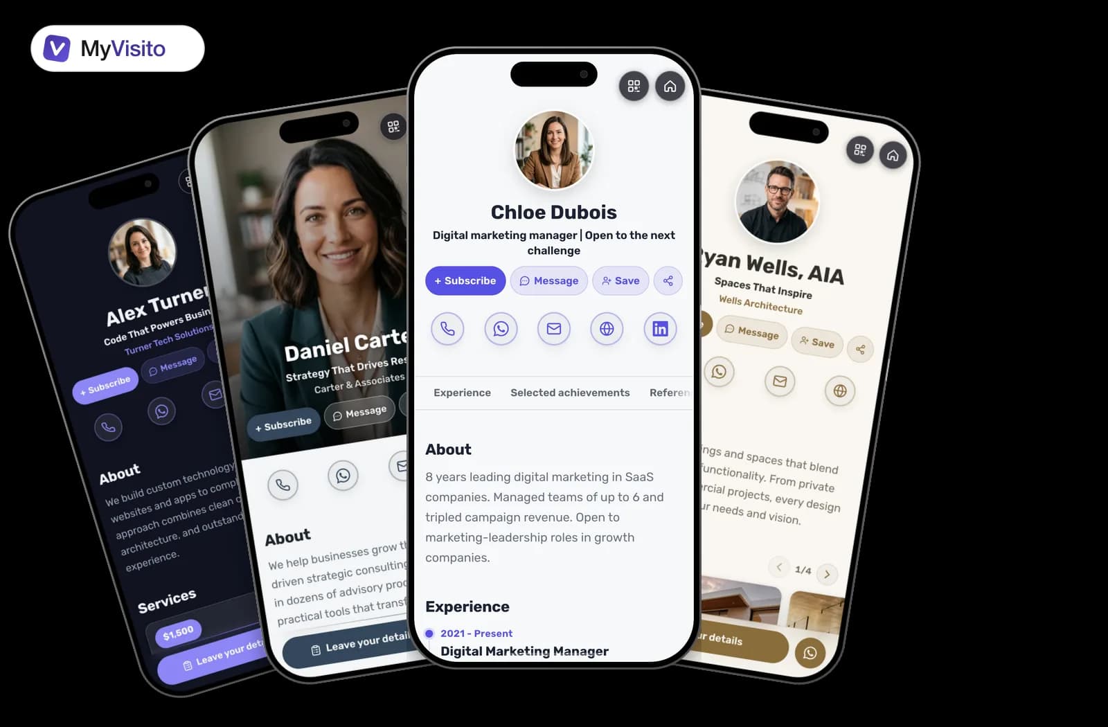 Digital business card examples for Job seekers: MyVisito templates on phone screens