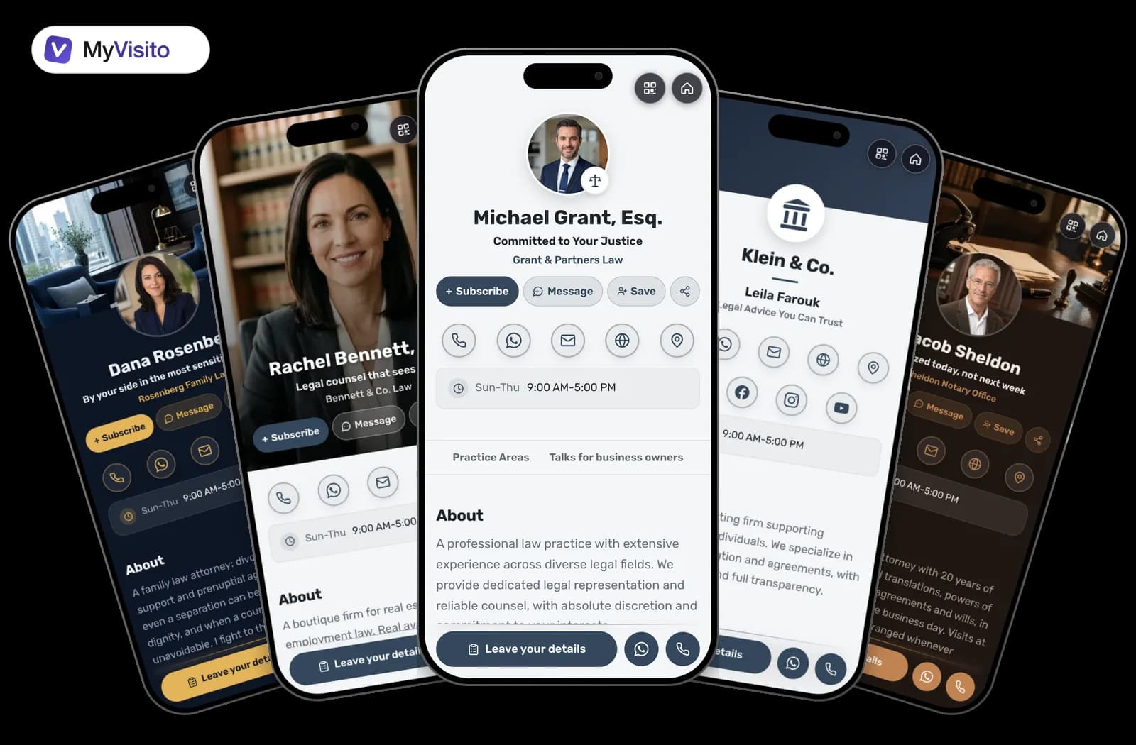 Digital business card examples for Lawyers: MyVisito templates on phone screens