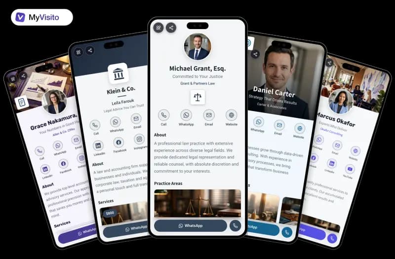 Digital business card examples for Lawyers: MyVisito templates on phone screens