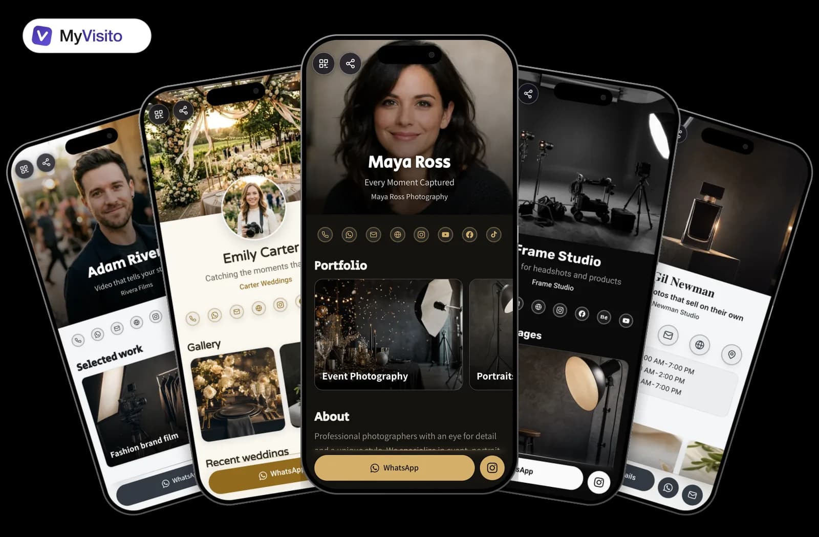 Digital business card examples for Photographers: MyVisito templates on phone screens