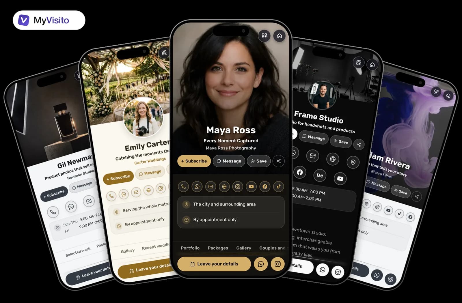 Digital business card examples for Photographers: MyVisito templates on phone screens