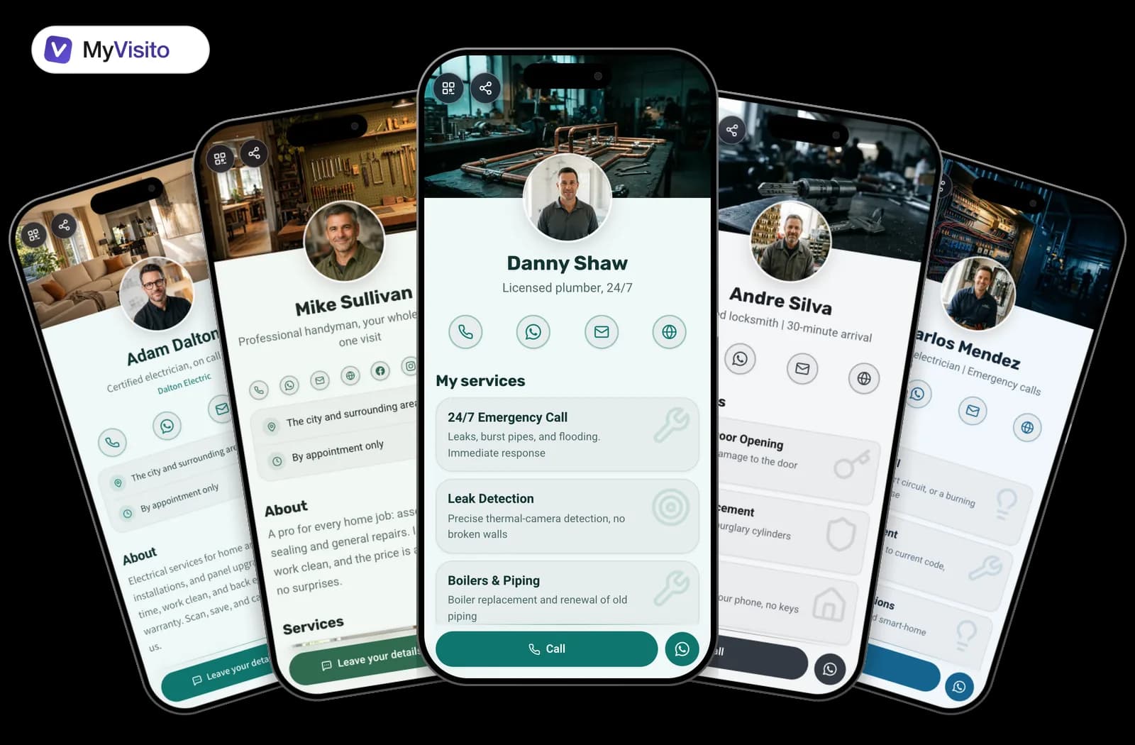 Digital business card examples for Plumbers: MyVisito templates on phone screens