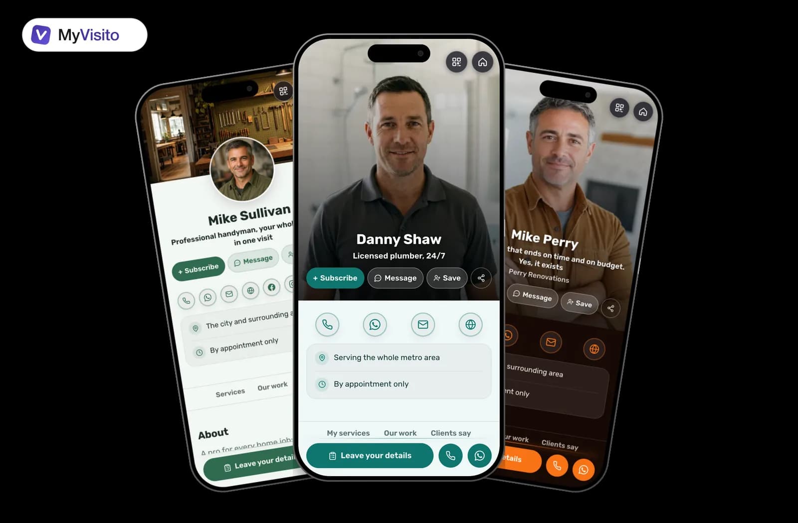 Digital business card examples for Plumbers: MyVisito templates on phone screens