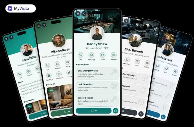 Digital business card examples for Plumbers: MyVisito templates on phone screens