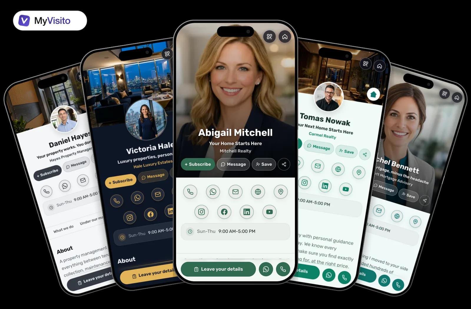 Digital business card examples for Real estate: MyVisito templates on phone screens