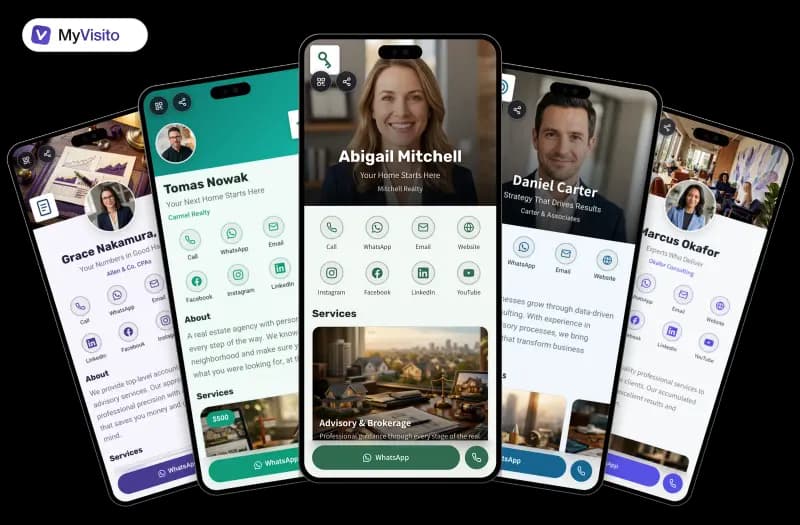 Digital business card examples for Real estate: MyVisito templates on phone screens