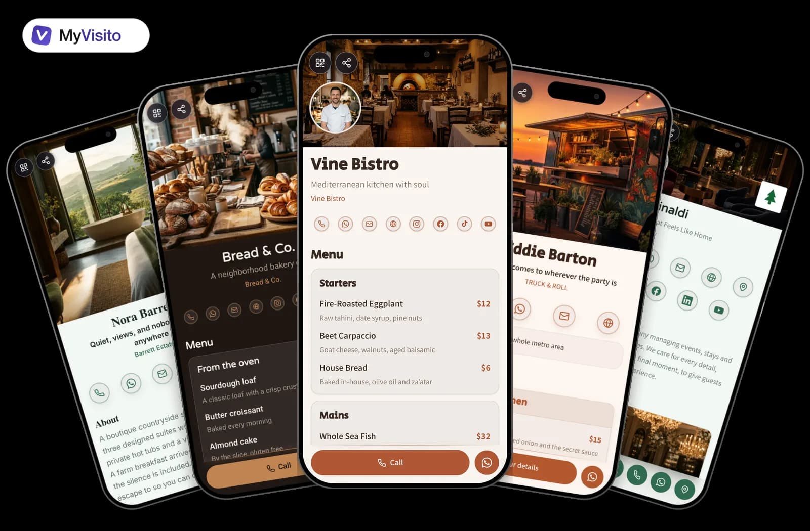 Digital business card examples for Restaurants: MyVisito templates on phone screens