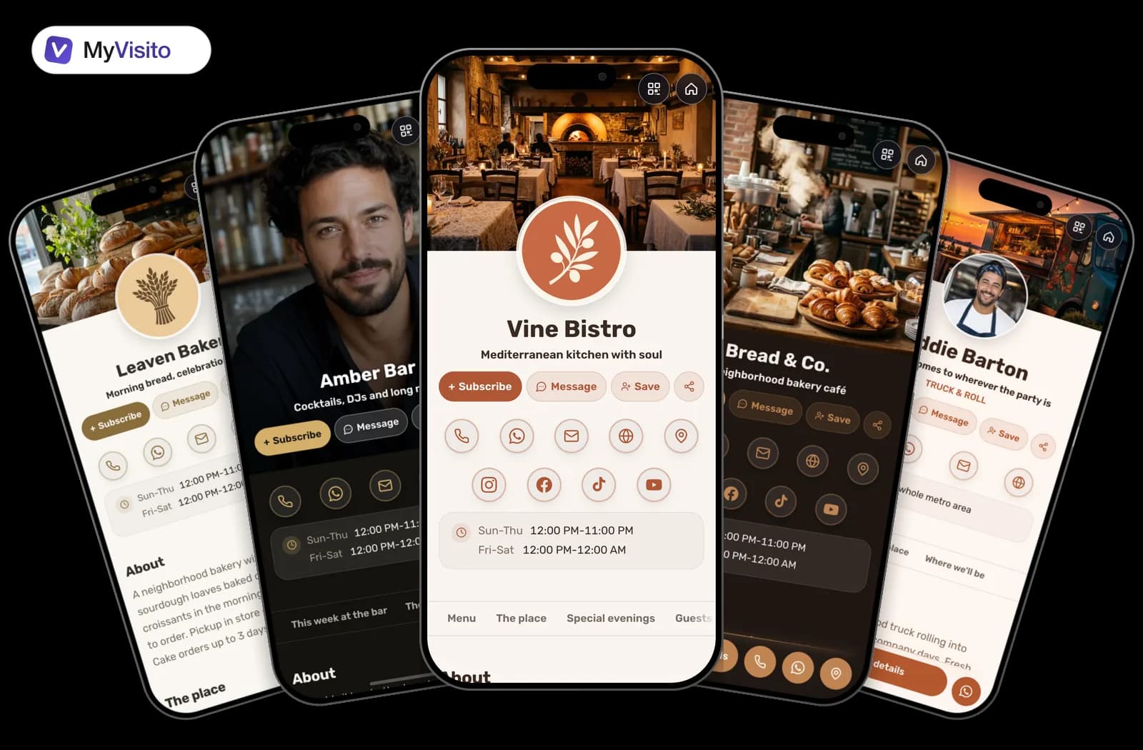 Digital business card examples for Restaurants: MyVisito templates on phone screens