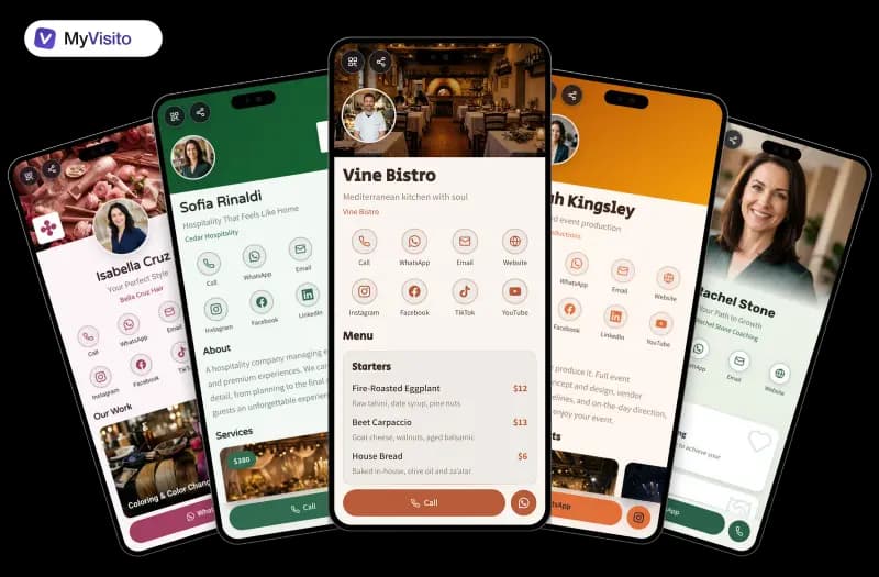 Digital business card examples for Restaurants: MyVisito templates on phone screens