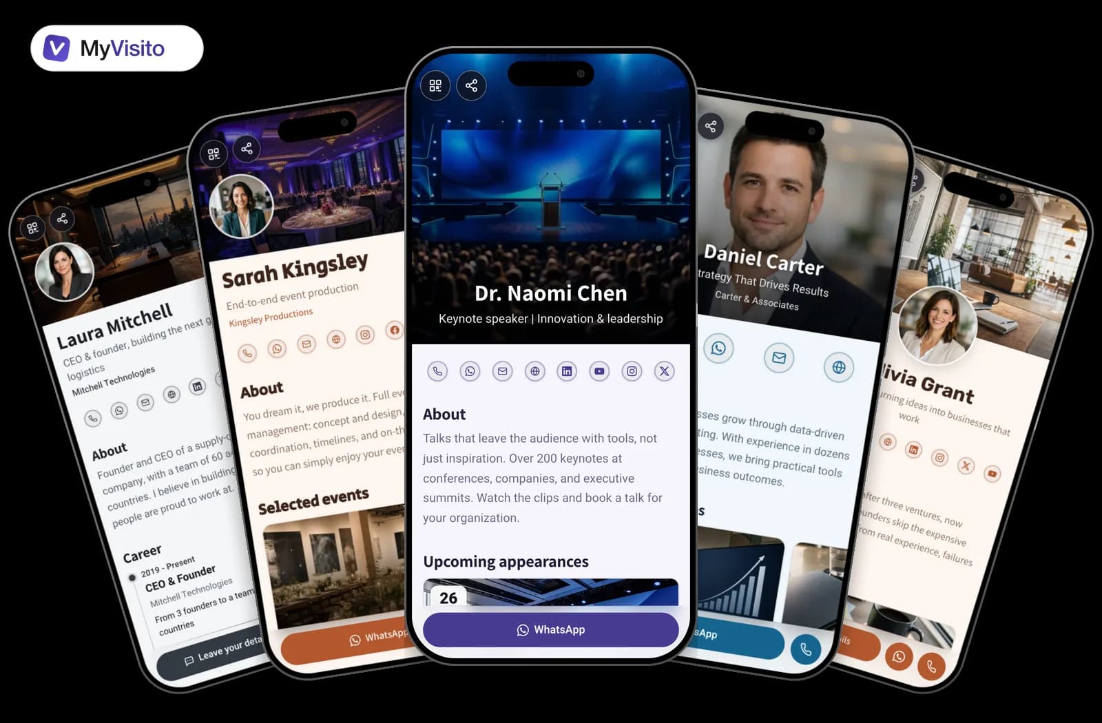 Digital business card examples for Speakers: MyVisito templates on phone screens