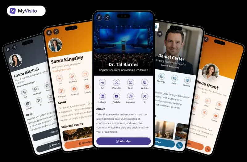 Digital business card examples for Speakers: MyVisito templates on phone screens