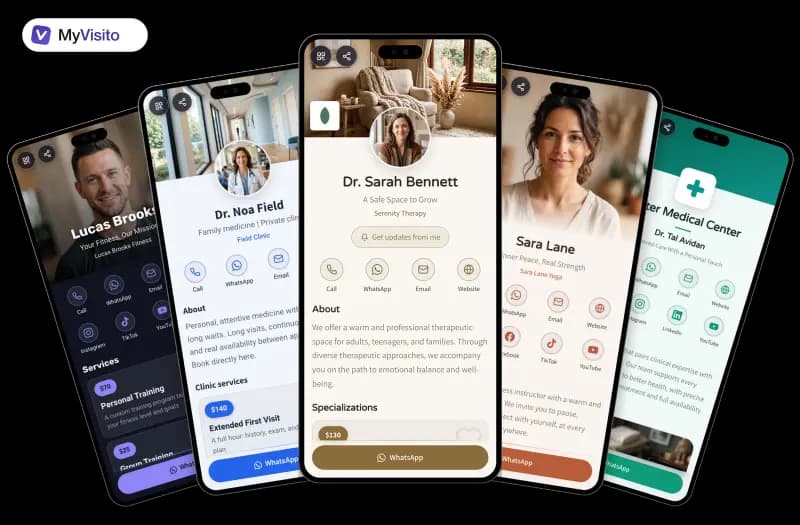Digital business card examples for Therapists: MyVisito templates on phone screens
