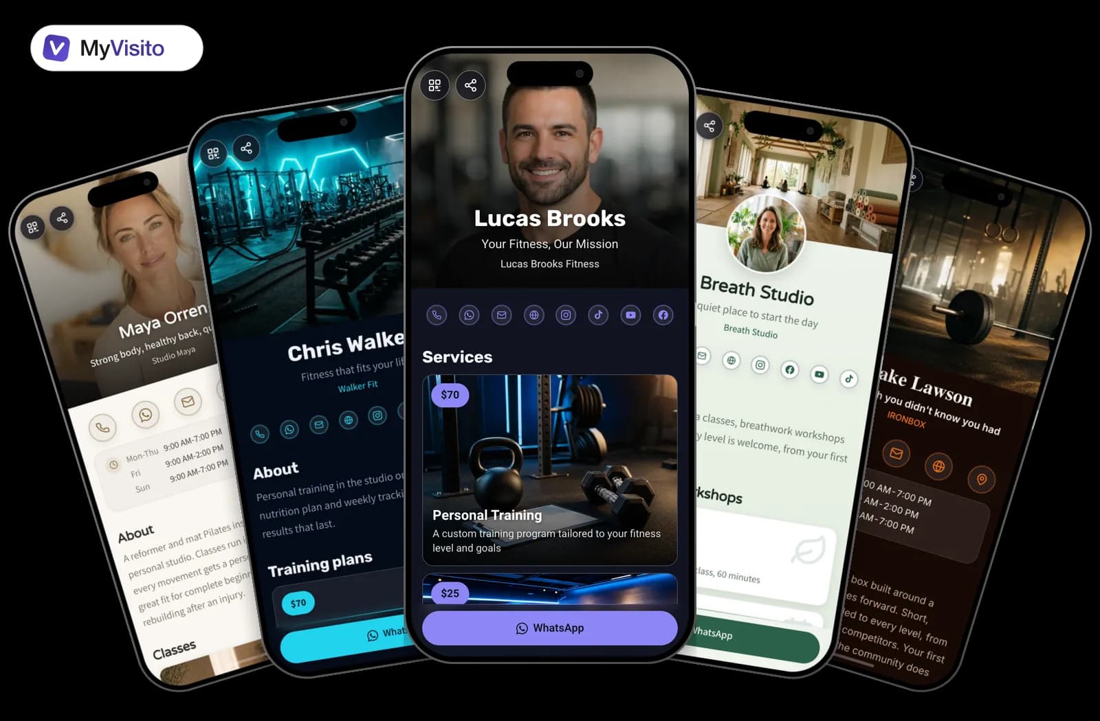 Digital business card examples for Fitness trainers: MyVisito templates on phone screens