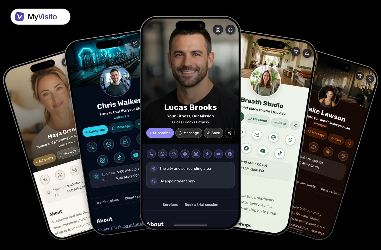 Digital business card examples for Fitness trainers: MyVisito templates on phone screens