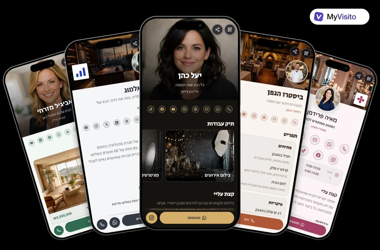 דוגמאות לכרטיס ביקור דיגיטלי: תבניות MyVisito למקצועות שונים על מסכי טלפון