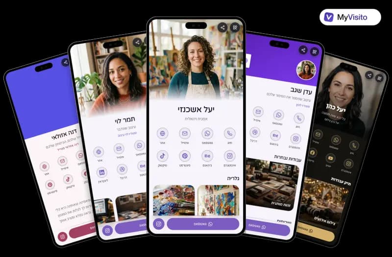 דוגמאות לכרטיס ביקור דיגיטלי לאמנים: תבניות MyVisito על מסכי טלפון