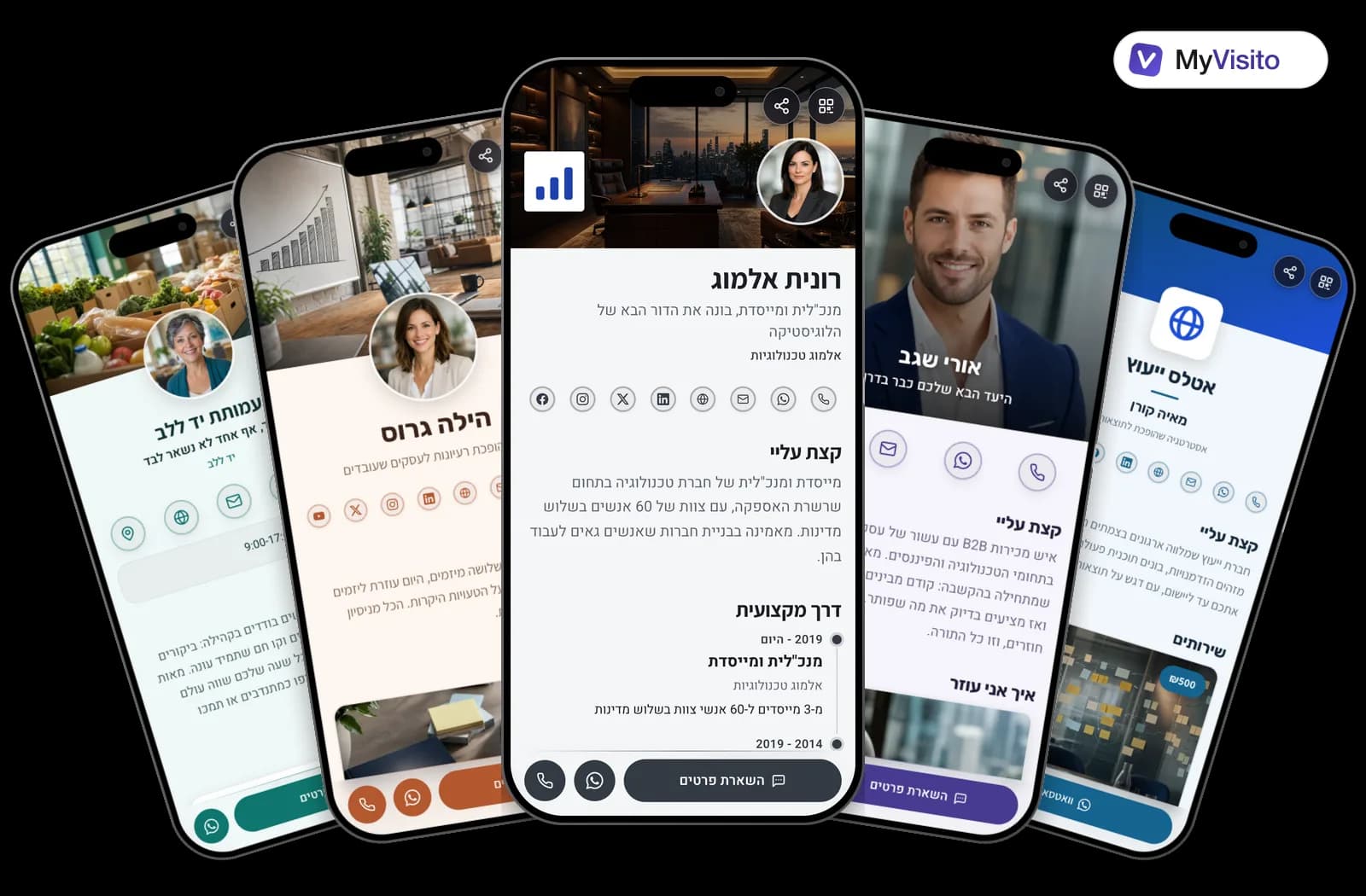 דוגמאות לכרטיס ביקור דיגיטלי למנכ"לים ויזמים: תבניות MyVisito על מסכי טלפון