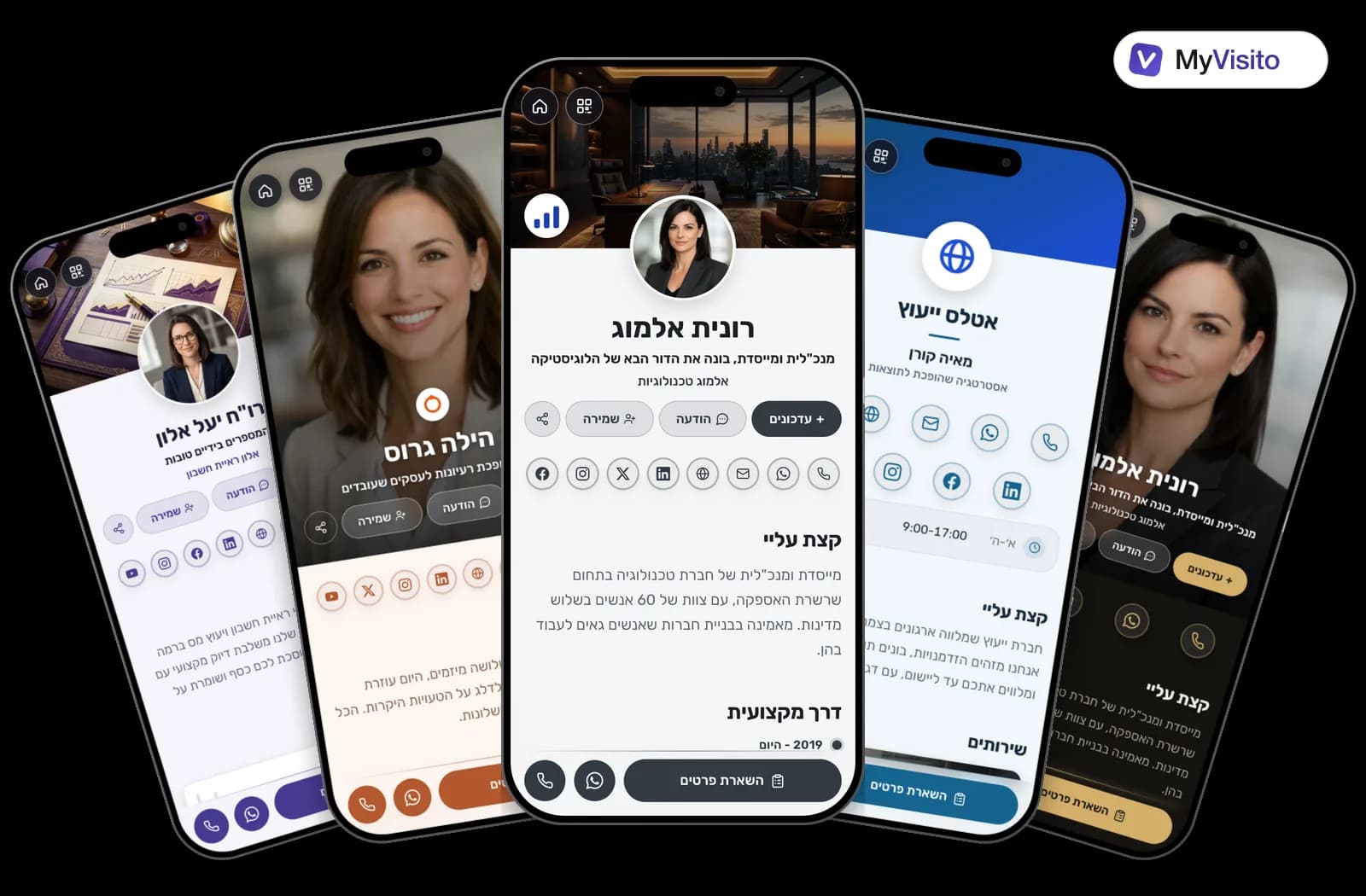 דוגמאות לכרטיס ביקור דיגיטלי למנכ"לים ויזמים: תבניות MyVisito על מסכי טלפון