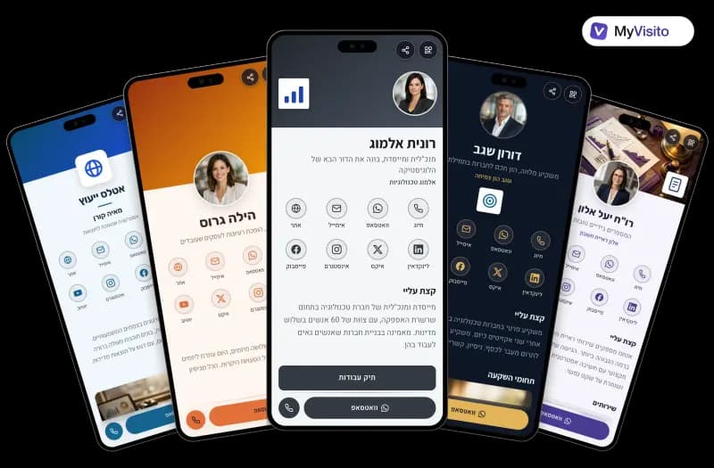 דוגמאות לכרטיס ביקור דיגיטלי למנכ"לים ויזמים: תבניות MyVisito על מסכי טלפון
