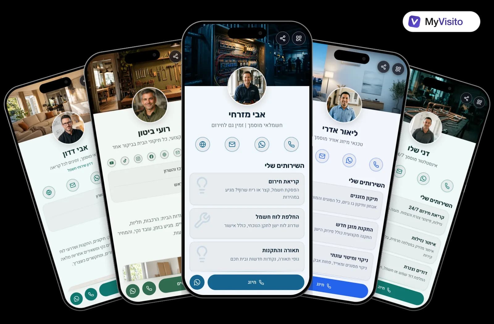 דוגמאות לכרטיס ביקור דיגיטלי לחשמלאים: תבניות MyVisito על מסכי טלפון
