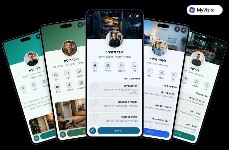 דוגמאות לכרטיס ביקור דיגיטלי לחשמלאים: תבניות MyVisito על מסכי טלפון
