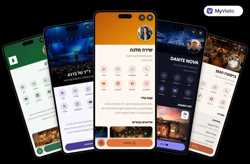 דוגמאות לכרטיס ביקור דיגיטלי למפיקי אירועים: תבניות MyVisito על מסכי טלפון