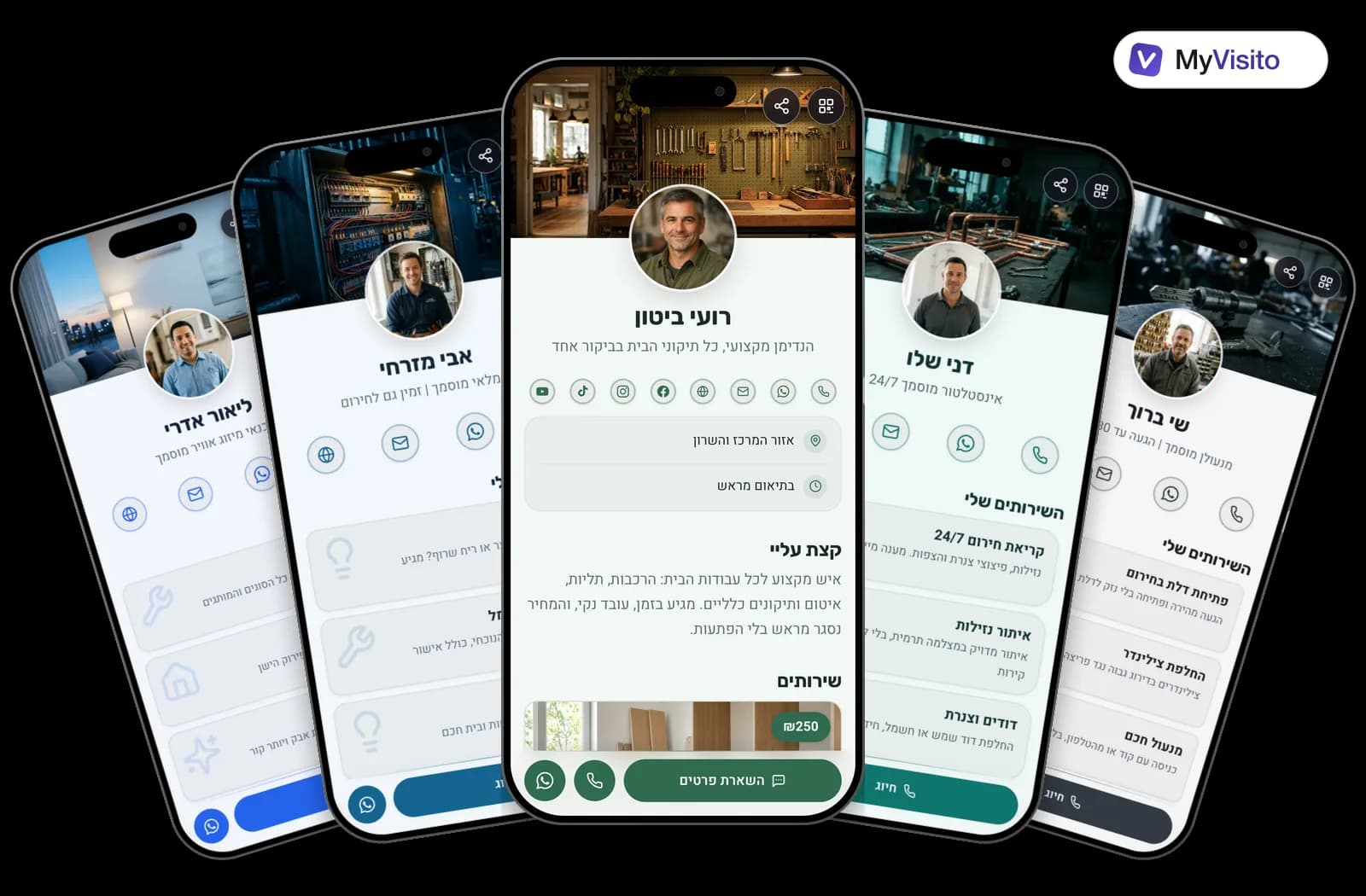 דוגמאות לכרטיס ביקור דיגיטלי להנדימן: תבניות MyVisito על מסכי טלפון