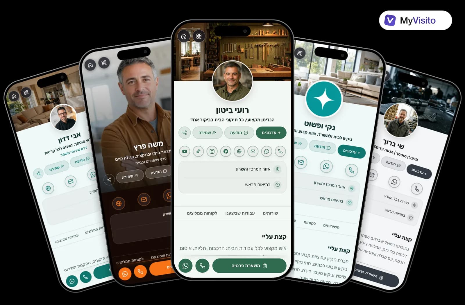 דוגמאות לכרטיס ביקור דיגיטלי להנדימן: תבניות MyVisito על מסכי טלפון