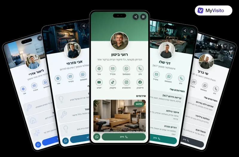 דוגמאות לכרטיס ביקור דיגיטלי להנדימן: תבניות MyVisito על מסכי טלפון