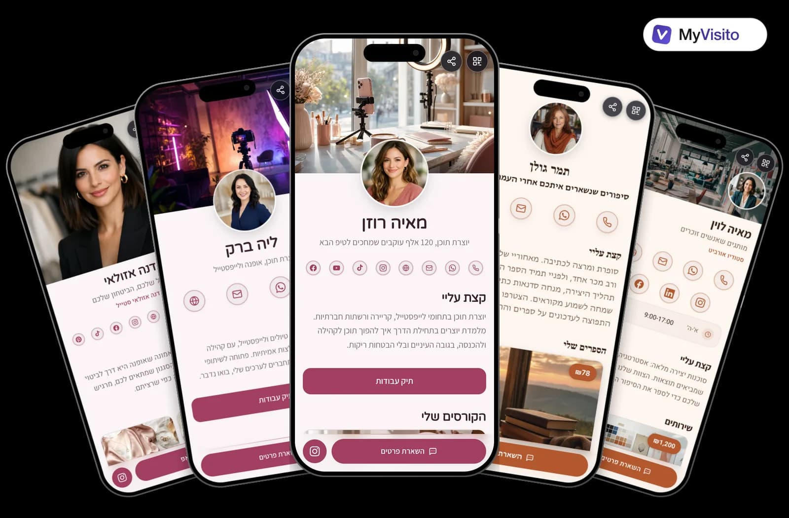 דוגמאות לכרטיס ביקור דיגיטלי למשפיענים: תבניות MyVisito על מסכי טלפון