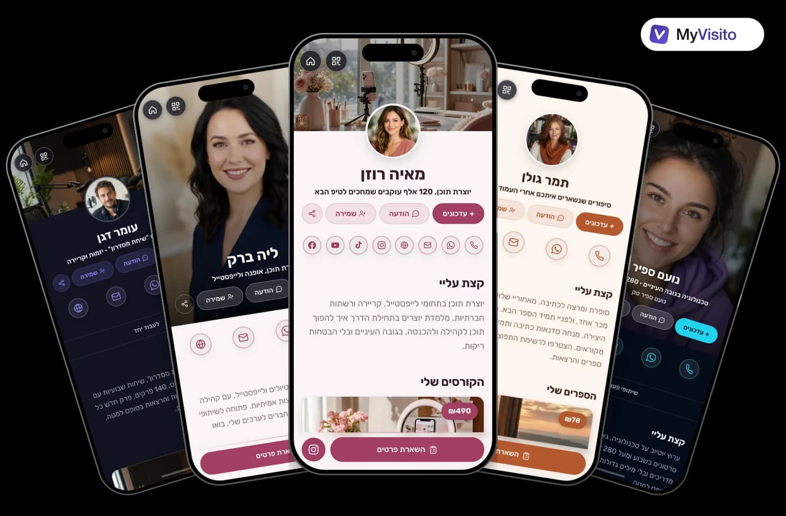 דוגמאות לכרטיס ביקור דיגיטלי למשפיענים: תבניות MyVisito על מסכי טלפון