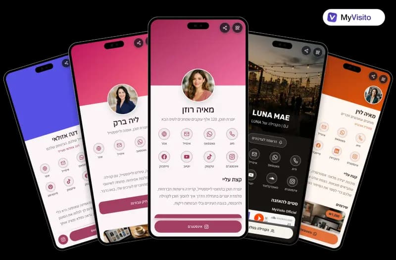 דוגמאות לכרטיס ביקור דיגיטלי למשפיענים: תבניות MyVisito על מסכי טלפון