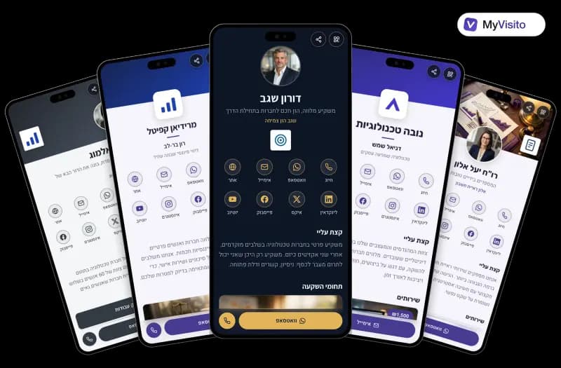 דוגמאות לכרטיס ביקור דיגיטלי למשקיעים: תבניות MyVisito על מסכי טלפון