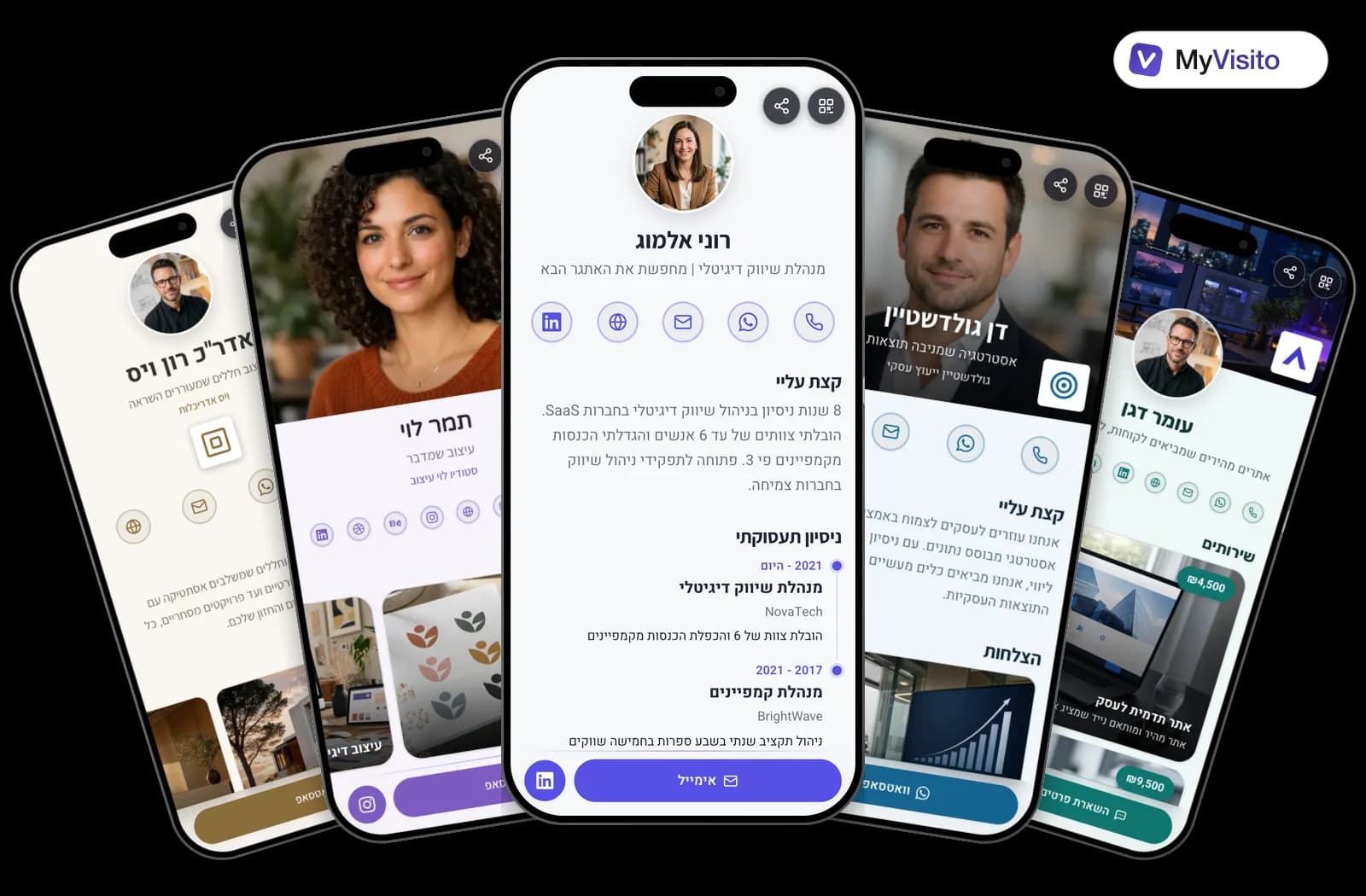 דוגמאות לכרטיס ביקור דיגיטלי למחפשי עבודה: תבניות MyVisito על מסכי טלפון