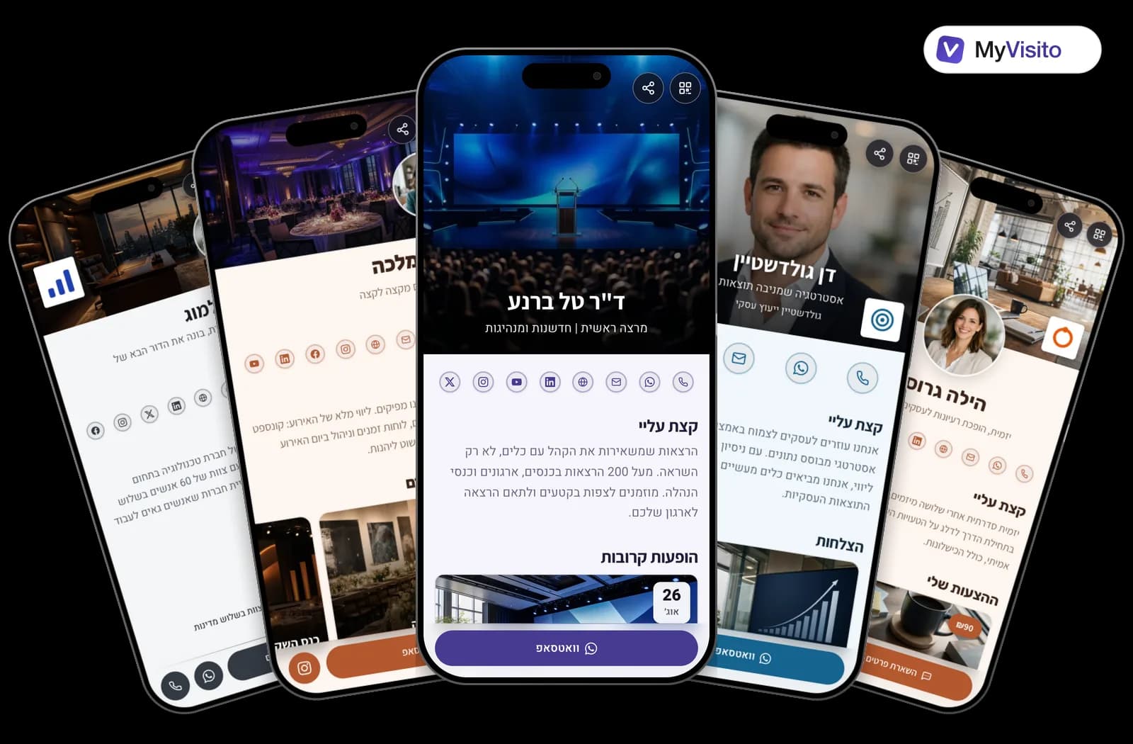 דוגמאות לכרטיס ביקור דיגיטלי למרצים: תבניות MyVisito על מסכי טלפון