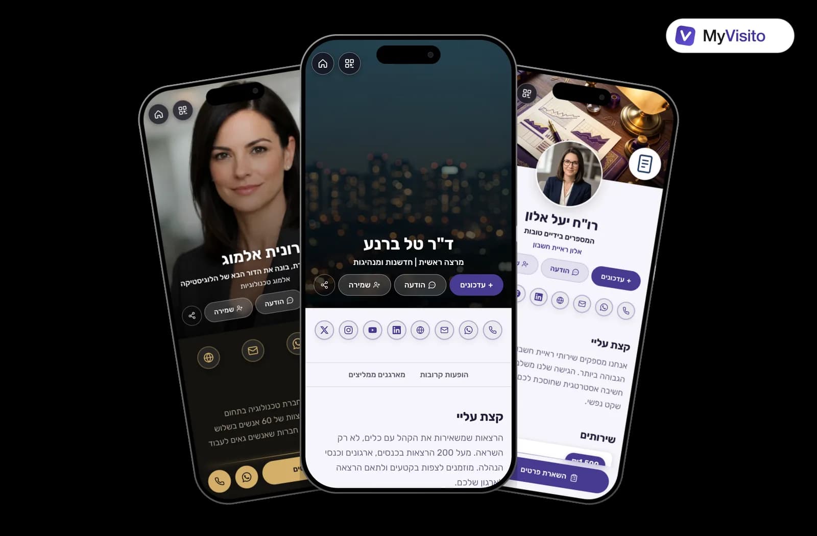דוגמאות לכרטיס ביקור דיגיטלי למרצים: תבניות MyVisito על מסכי טלפון