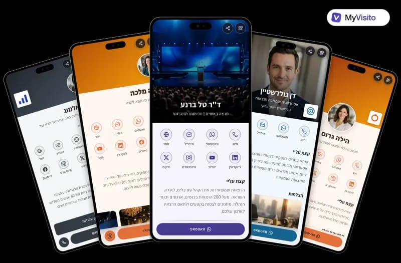 דוגמאות לכרטיס ביקור דיגיטלי למרצים: תבניות MyVisito על מסכי טלפון