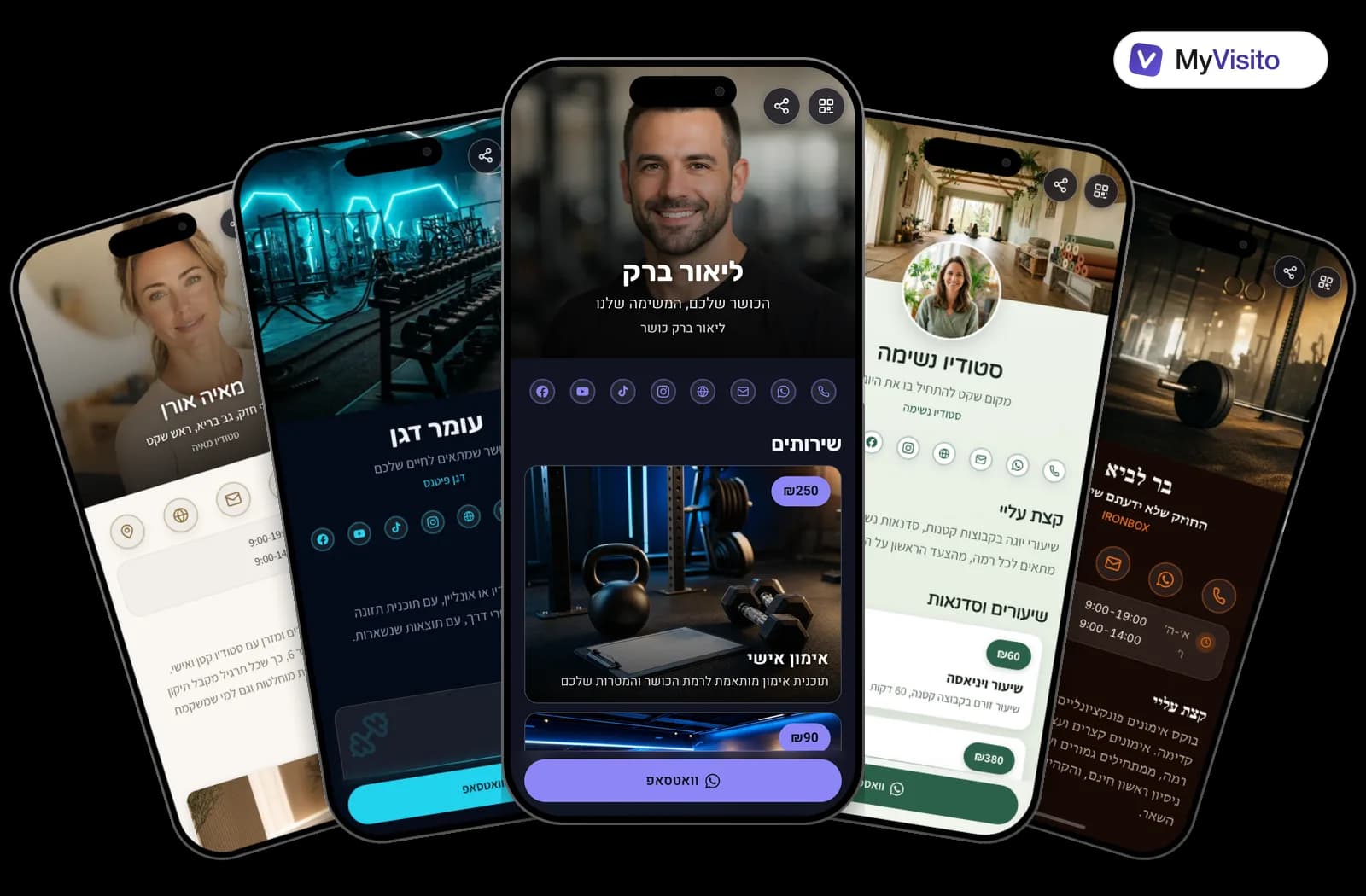 דוגמאות לכרטיס ביקור דיגיטלי למאמני כושר: תבניות MyVisito על מסכי טלפון