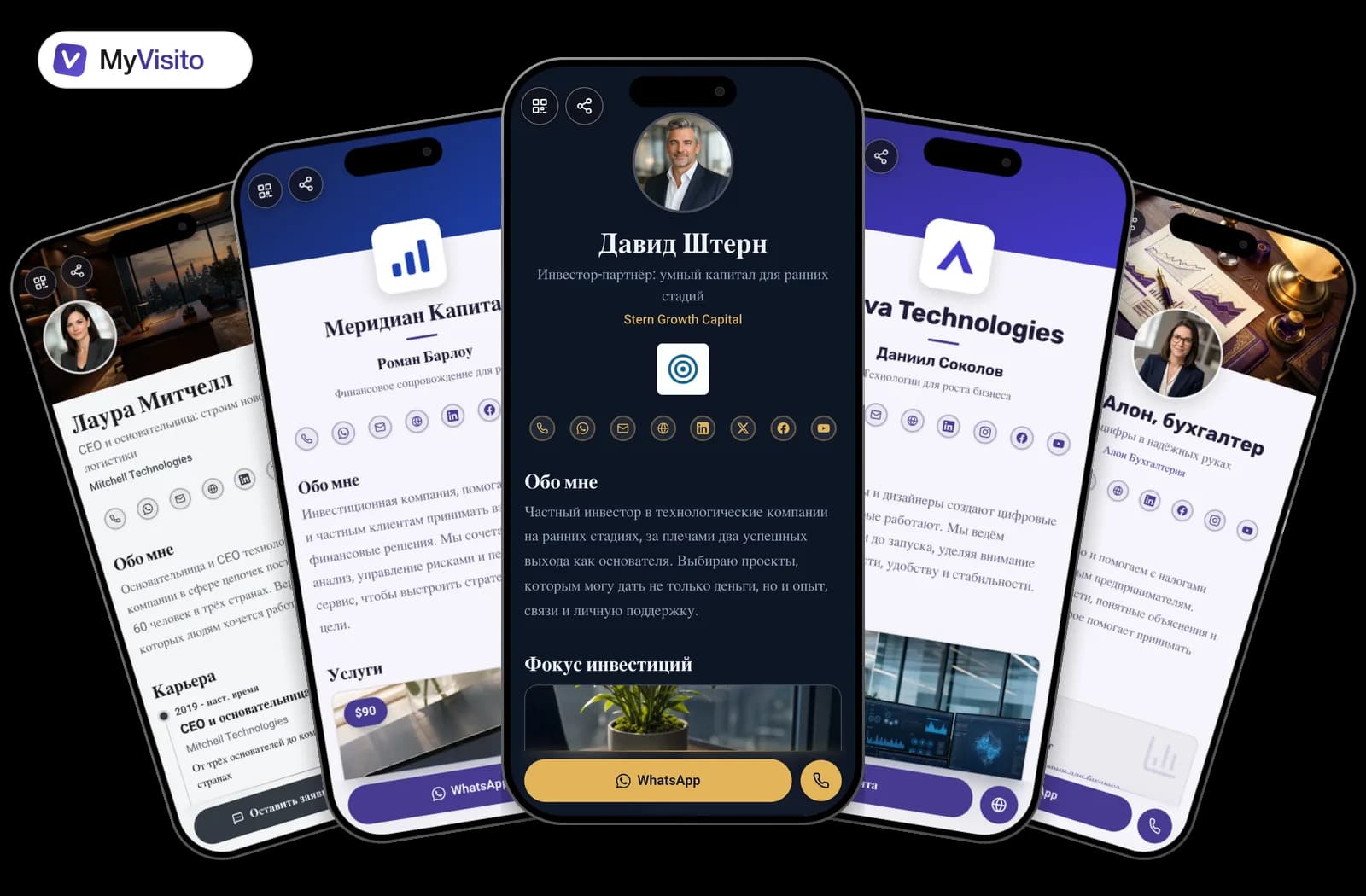 Примеры цифровых визиток для Инвесторы: шаблоны MyVisito на экранах телефонов