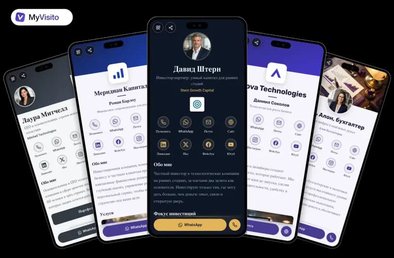 Примеры цифровых визиток для Инвесторы: шаблоны MyVisito на экранах телефонов