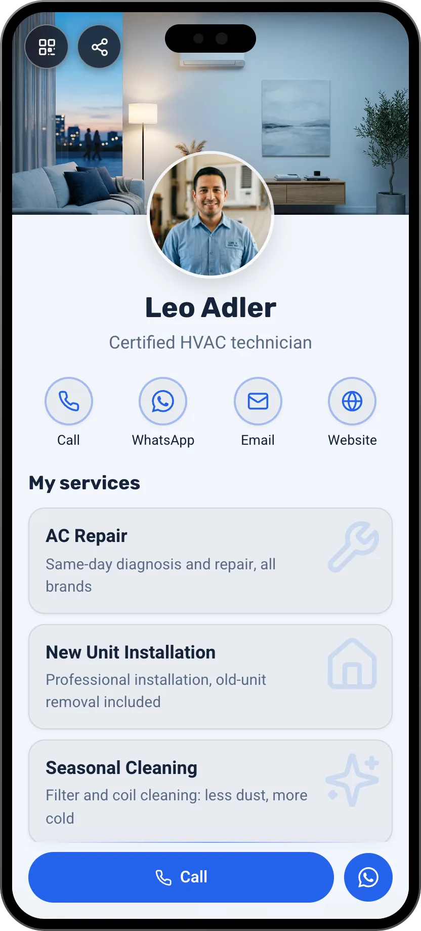 HVAC technician digital business card template: services and reviews. A MyVisito template