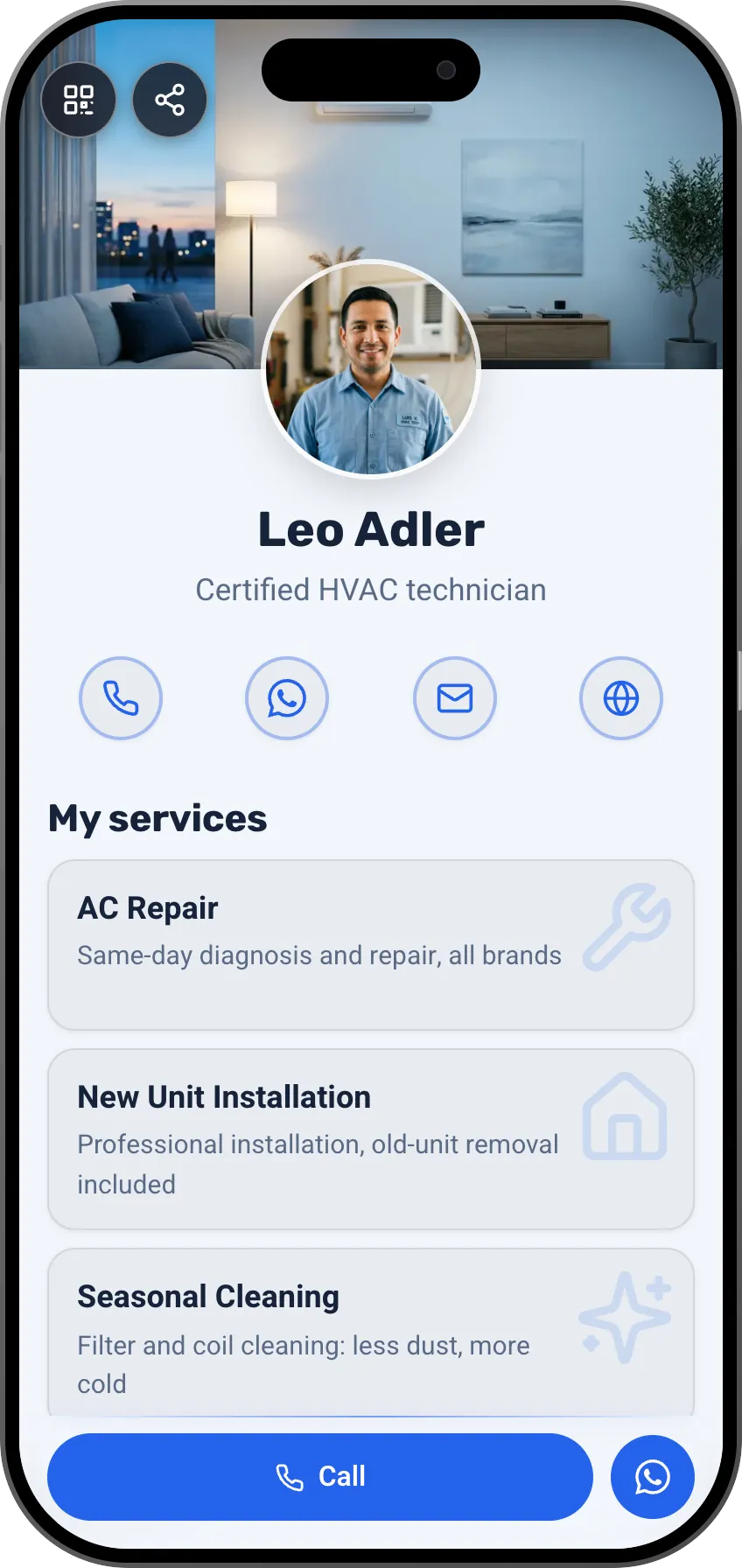 HVAC technician digital business card template: services and reviews. A MyVisito template