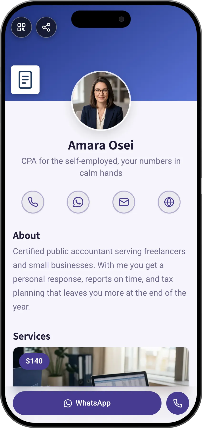 Accountant digital business card template: services and contact details. A MyVisito template