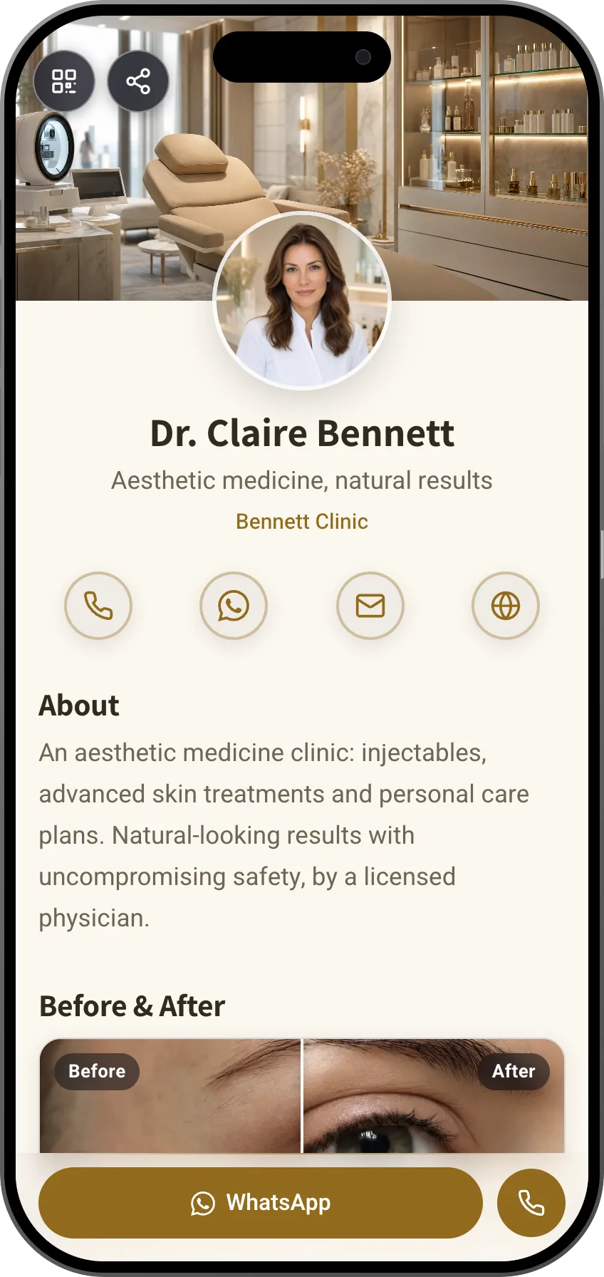 Aesthetic clinic digital business card template: treatments, before and after and appointment booking. A MyVisito template