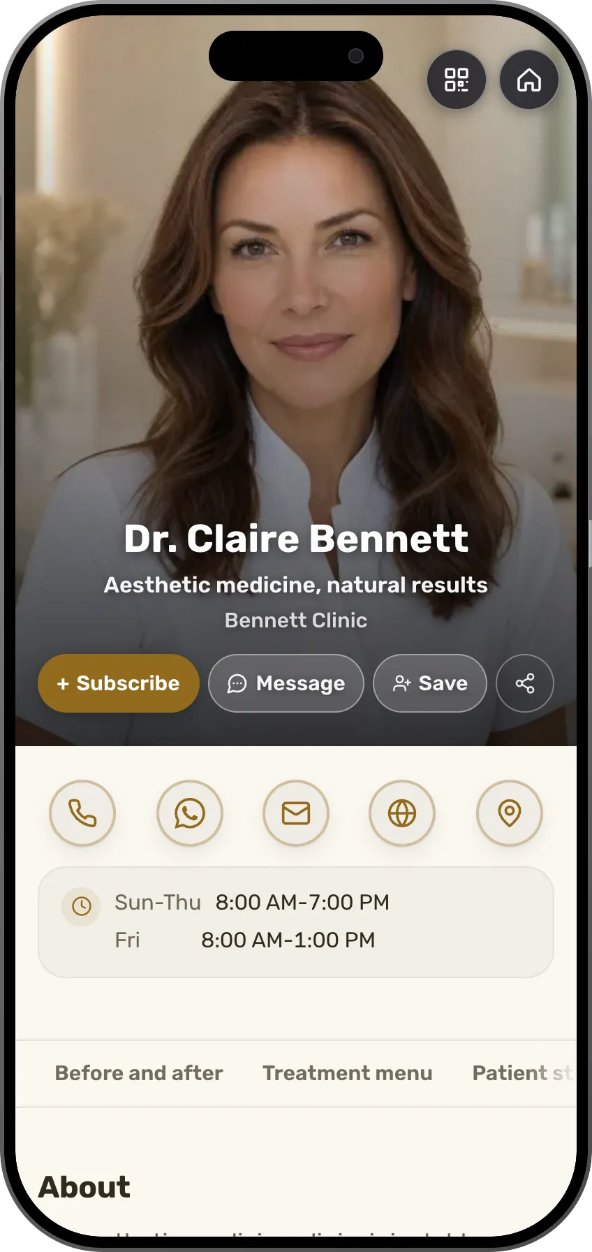 Aesthetic clinic digital business card template: treatments, before and after and appointment booking. A MyVisito template
