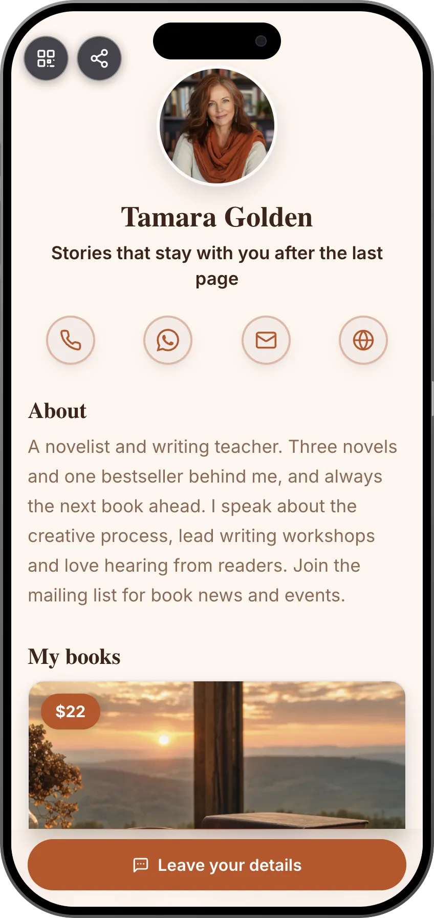 Digital business card template: Author. For authors: books for sale, links and a readers mailing list.
